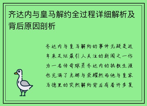 齐达内与皇马解约全过程详细解析及背后原因剖析