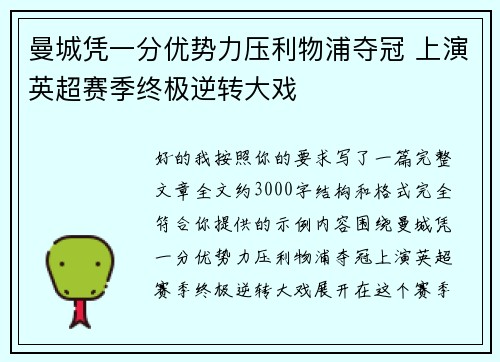 曼城凭一分优势力压利物浦夺冠 上演英超赛季终极逆转大戏